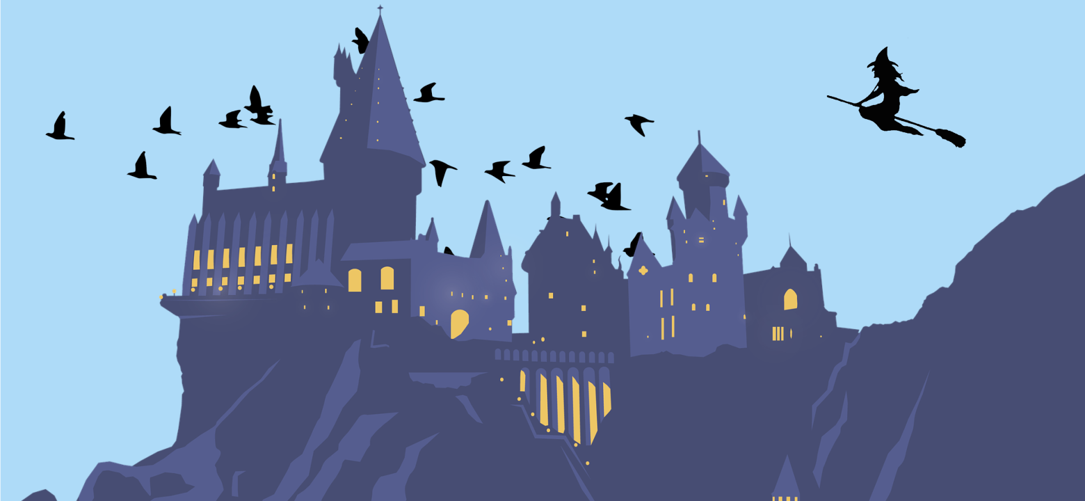En illustration av Hogwarts skola för häxkonster och trolldom. Någon flyger på en kvast i bakgrunden. 