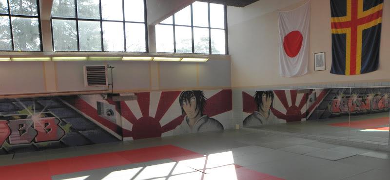 Bilden visar judohallen med animeinspirerad grafitti samt Japans och Ålands flagga på väggarna
