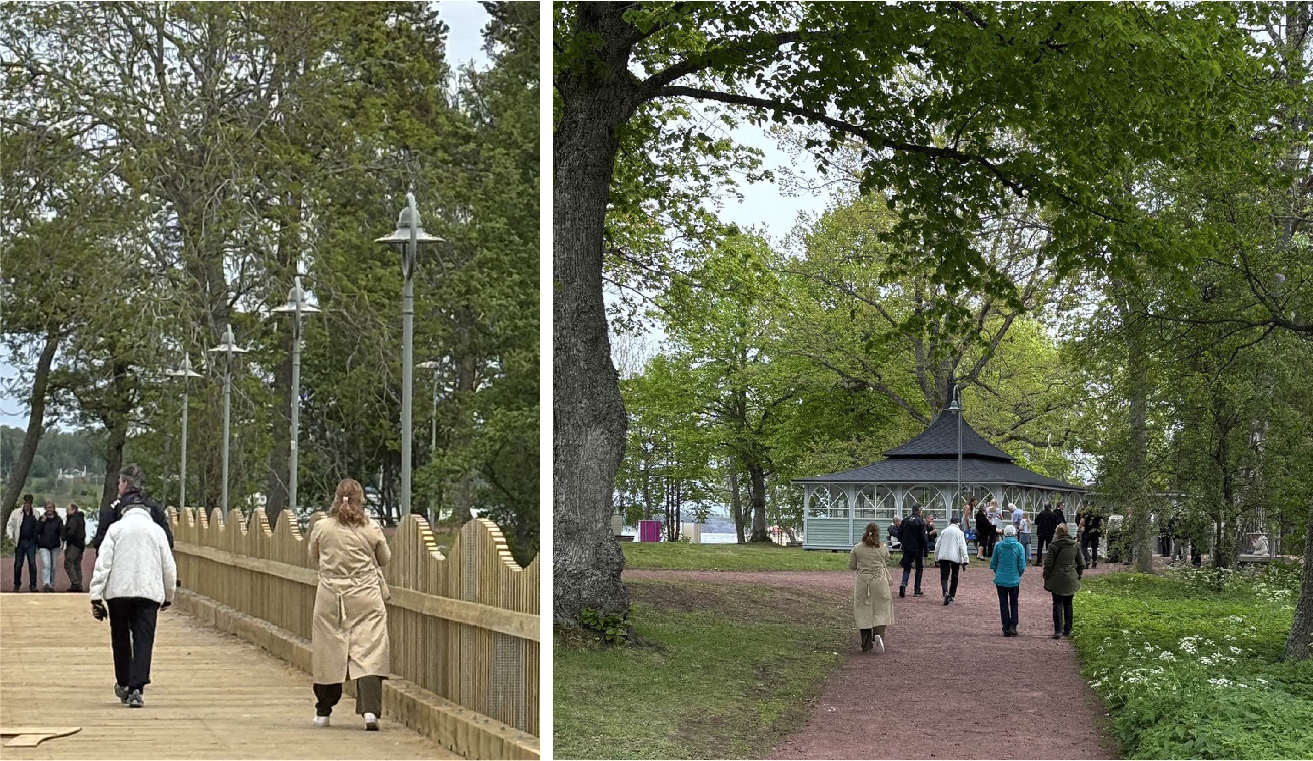 Vy från Lilla holmens bro som visar det nya broräcket och en vy från gångvägen som visar den nyrenoverade paviljongen.