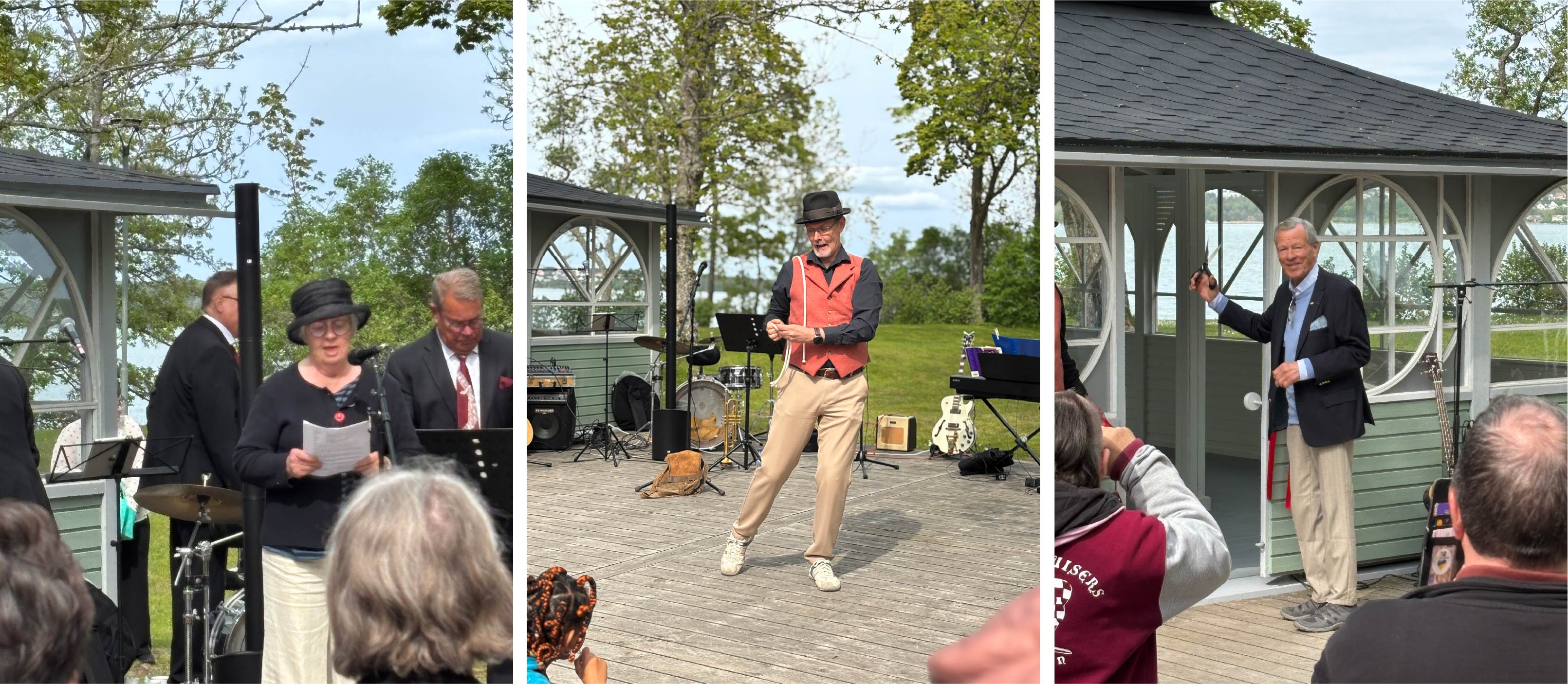 Barbro Sundback håller tal, Dominicus Björkstam bjuder på trollkonster och Anders Wiklöf klipper bandet.