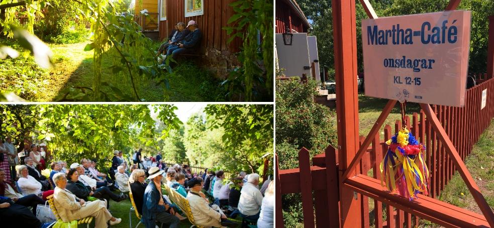 Fotokollage, röd stuga, grönskande trädgård, många åhörare på bänkar och stolar samt skylten Martha-Café