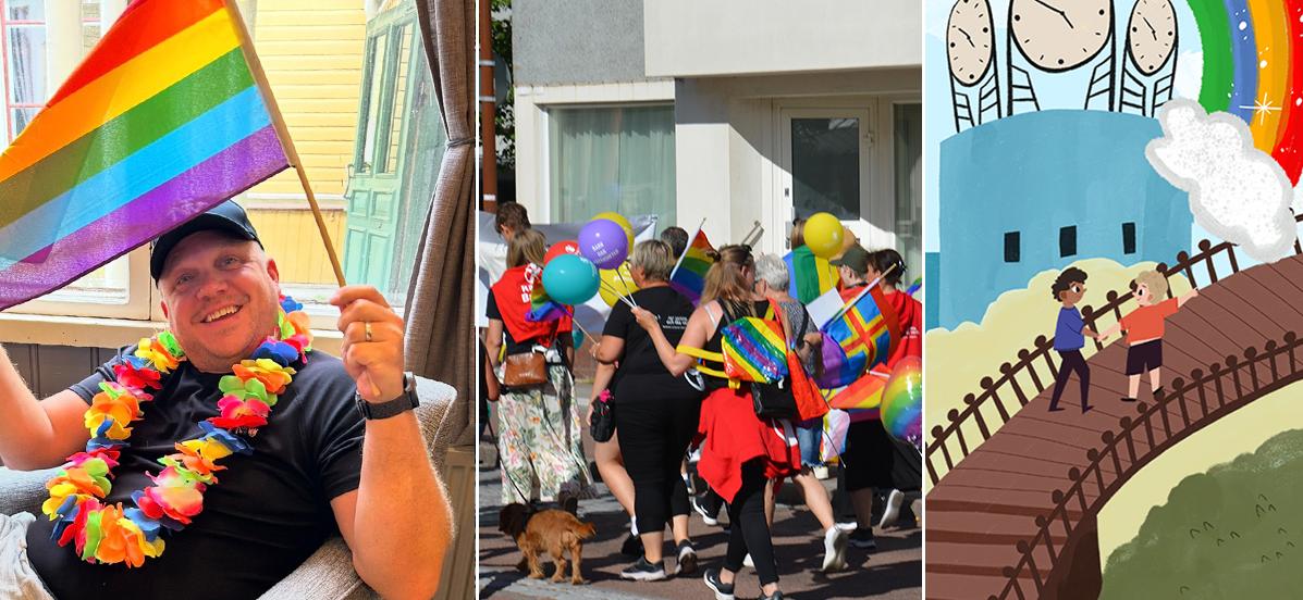 Ungdomsledare Patrik. Prideparad 2024. Illustration med stadsbiblioteket. Bildkollage på temat Åland Pride.