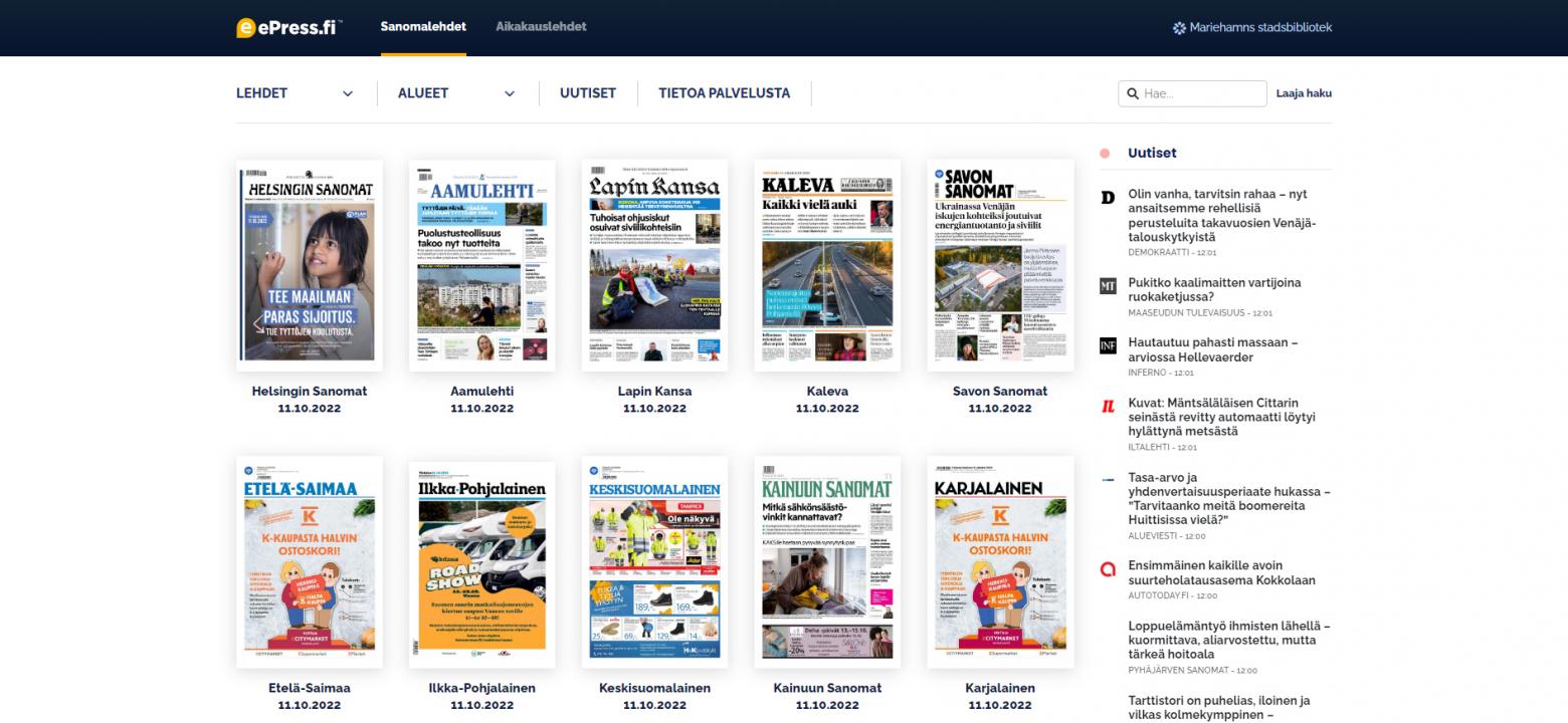 Skärmklipp från sidan ePress med finska tidningsomslag och texter på finska
