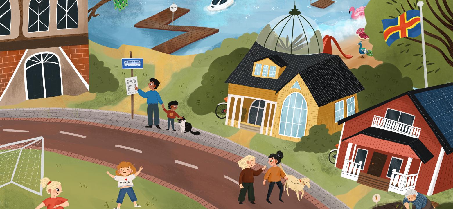 Bilden är från stadens Vision 2040. Alla projekt har samsyn med visionen. Illustration av ett framtida Mariehamn
