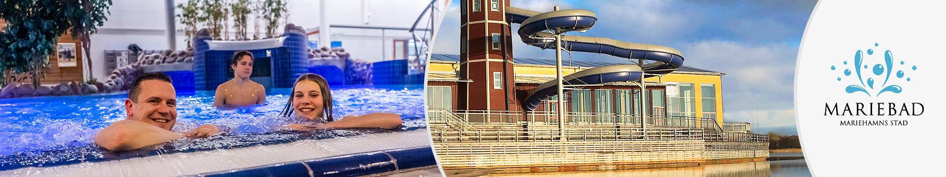 Kollaget visar en familj inomhus i badet och badets exteriör med rutschbana, samt logotypen