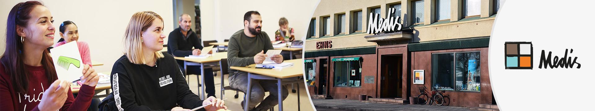 Kollage med studerande på SFI, Medis husfasad samt logotyp