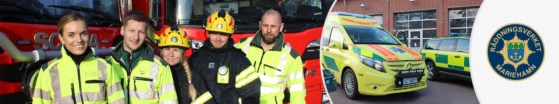 Kollaget visar brandmän och ambulansförare framför sina bilar plus märket för Räddningsverket