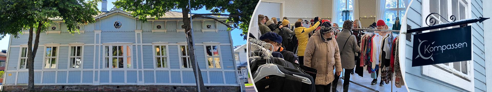 Bildkollage med blått hus, människor inomhus och en skylt för Kompassen