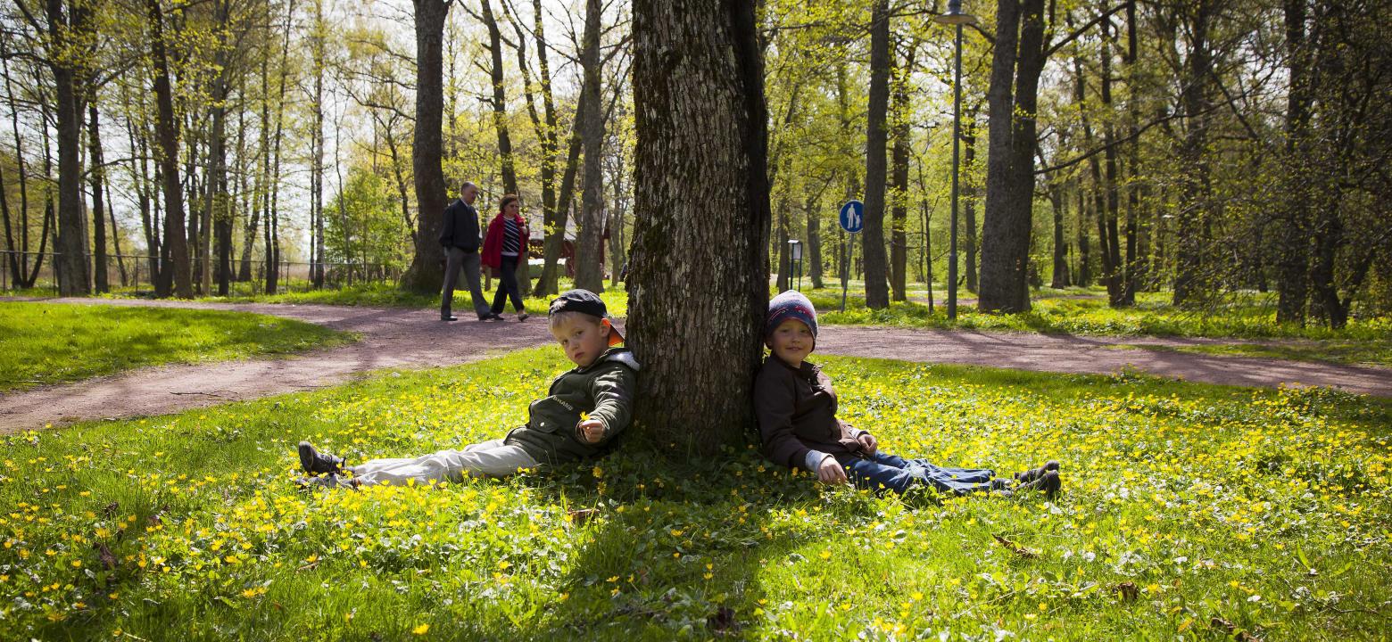 Två pojkar lutandes mot ett träd i gröngräset