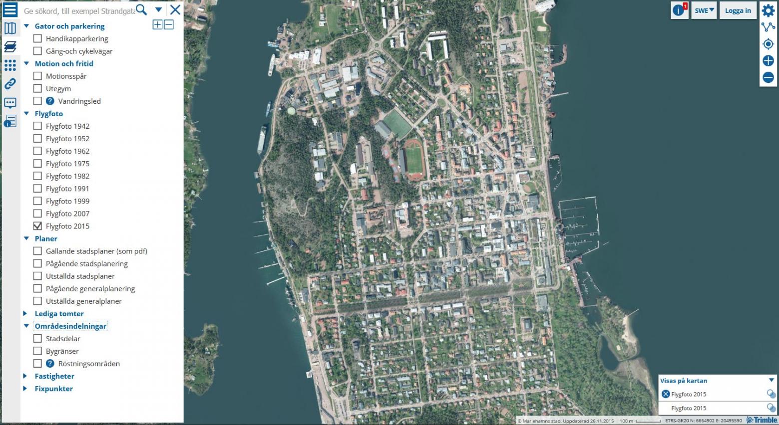 Skärmbild av karttjänsten och Mariehamn år 2015