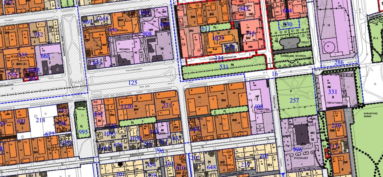 Karta, stadsplan i olika färger för olika tomter med markeringar och annat