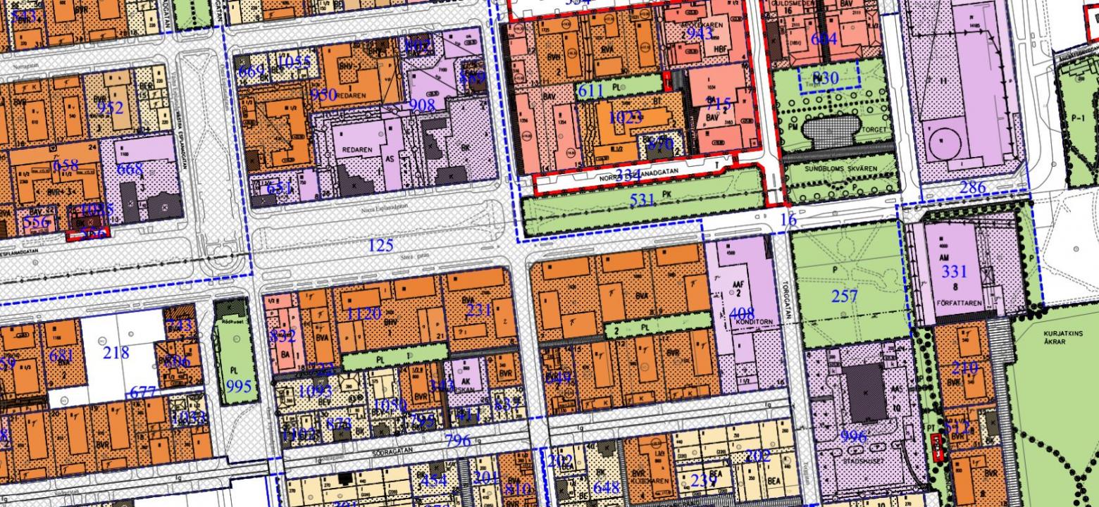 Del av karta med stadsplaner