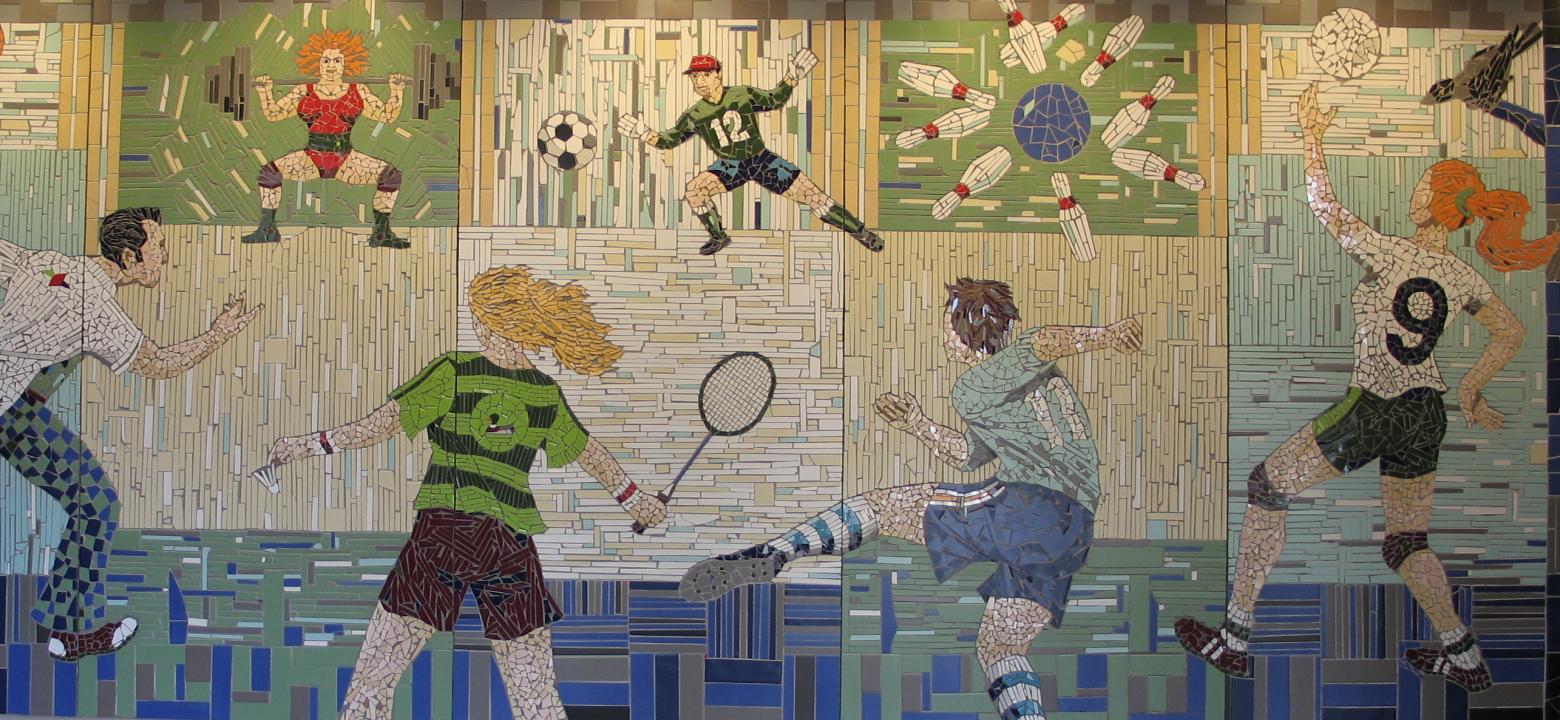 Bilden visar en tavla inne i Idrottsgården med olika sporter