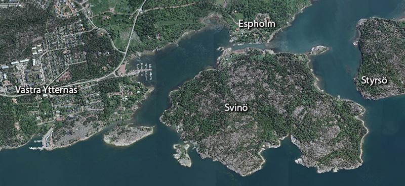 Ortofoto på Svinö, mellan Västra Ytternäs, Espholm och Styrsö