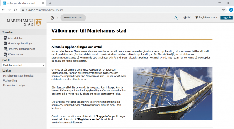 Bilden visar startsidan på stadens eAvrop, med länkar till avtalsdatabas och aktuella upphandlingar före man loggat in som användare.