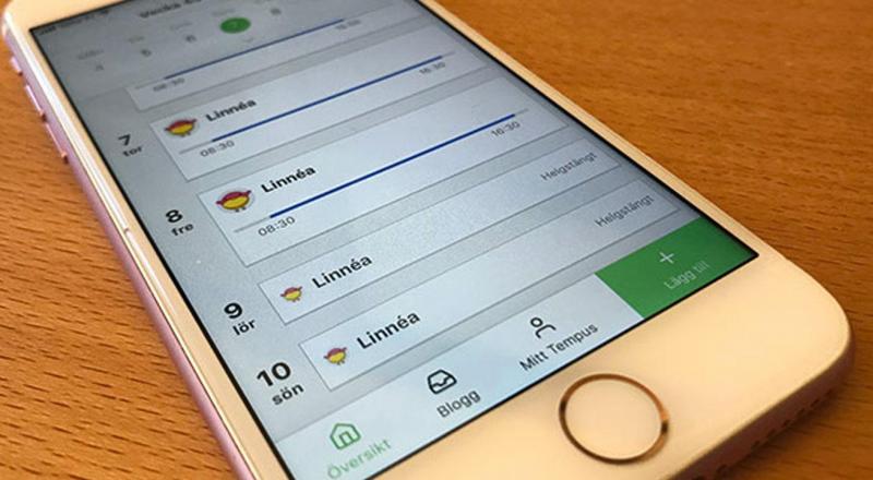 Bilden visar appen Tempus där vårdnadshavare ser information om barnet